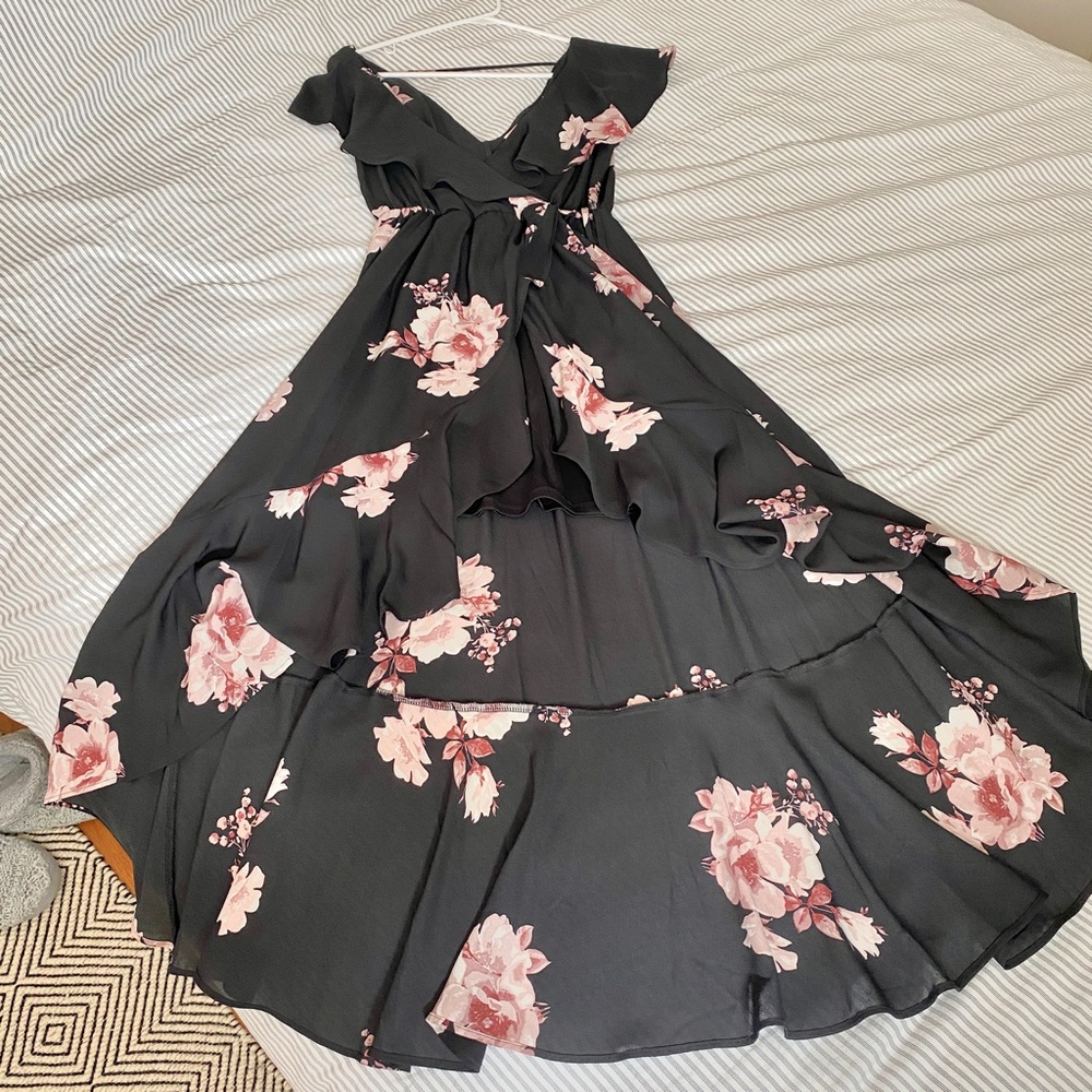 Black Floral Hi-Lo Wrap Dress